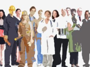 Dibujo que muestra un grupo de trabajadores, entre los que hay: una doctora, obreros, gente trajeada de oficina...